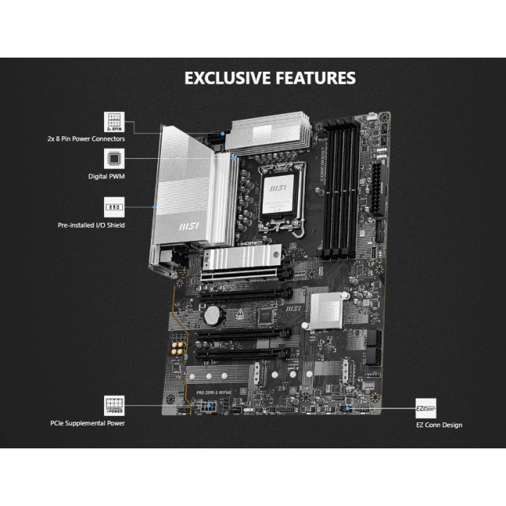 Дънна платка MSI PRO Z890-S WIFI6E, LGA 1851, DDR5 до 8800MHz (OC), 4x PCIe x16, 3x M.2, WiFi 6E - 3