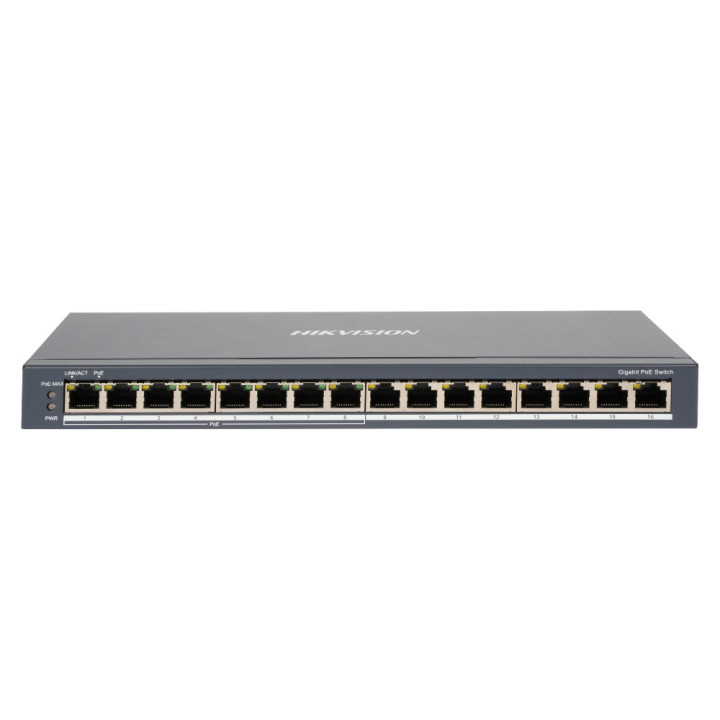 PoE суич Hikvision DS-3E0516P-O, 16 порта (8x PoE Gigabit 802.3af/at + 8x Gigabit RJ45), 110W PoE  - 1