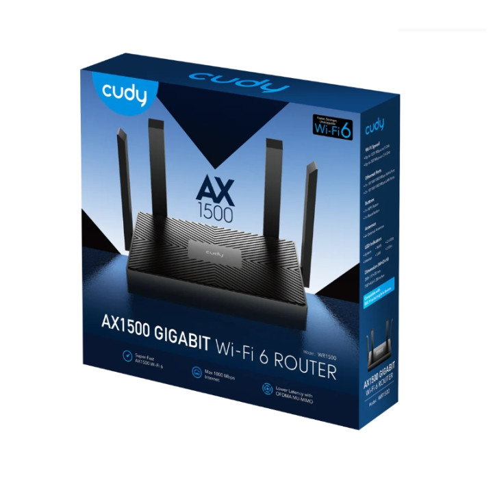 Рутер Cudy WR1500, Wi-Fi 6 AX1500, 1201 Mbps (5 GHz) + 300 Mbps (2.4 GHz), 4x фиксирани антени, Gigabit портове - 5