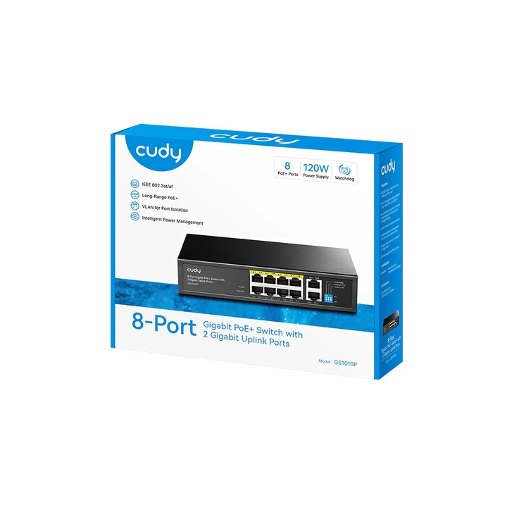 Комутатор Cudy GS1010P, 10 портa Gigabit, 8x PoE+ 30W, 2x Uplink, 20 Gbps, 120W захранване - 2