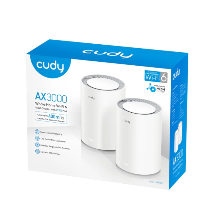 Рутер - mesh система Cudy M3000 (2-Pack), AX3000 Wi-Fi 6, 2402Mbps (5GHz) + 574Mbps (2.4GHz) - 2