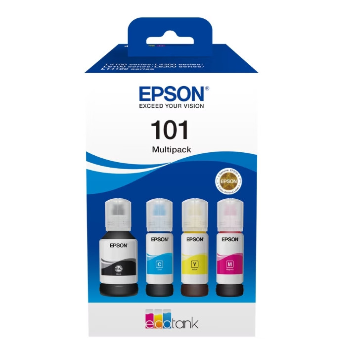 Консуматив Epson 101 EcoTank, 4-цветен комплект мастилa (Черен 127ml, Цветни 70ml) - C13T03V64A - 1