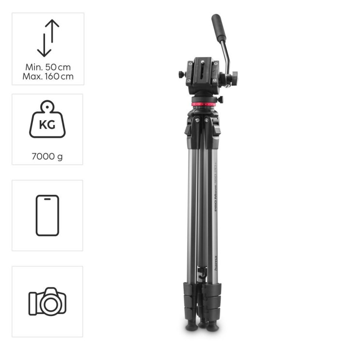 Трипод HAMA PRO Move 160 2D+, 50-160 cm, алуминиев, 1/4" болт - HAMA-04668 - 2