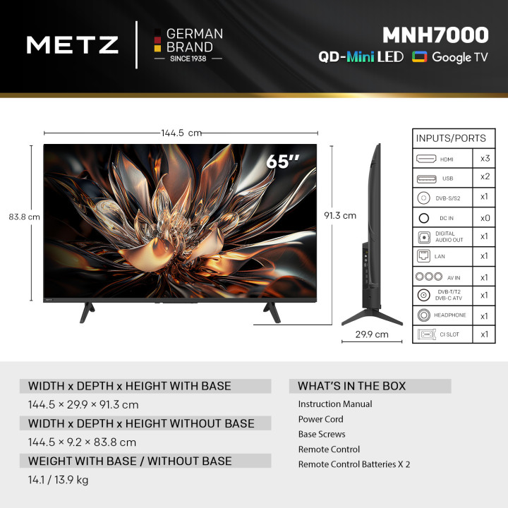 Телевизор METZ 65MNH7000Z, 65" QD-Mini LED 4K UHD, Google TV, HDR10+, Dolby Vision, 120Hz - 8