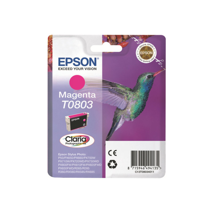 Мастилена касета Epson T0803 Claria, Magenta, 7.4ml (435 стр.) - C13T08034011 - 1