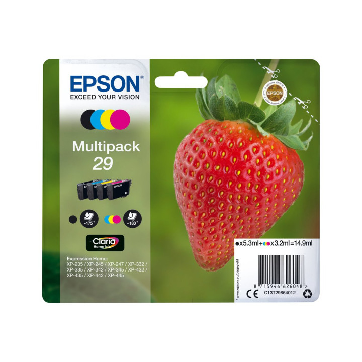 Мастилени касети Epson 29 Claria Home, 4 цвята (черна, жълта, циан, магента) - C13T29864012 - 1