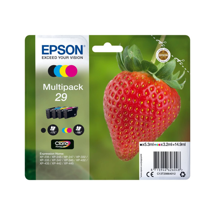Мастилени касети Epson 29 Claria Home, 4 цвята (черна, жълта, циан, магента) - C13T29864012 - 3