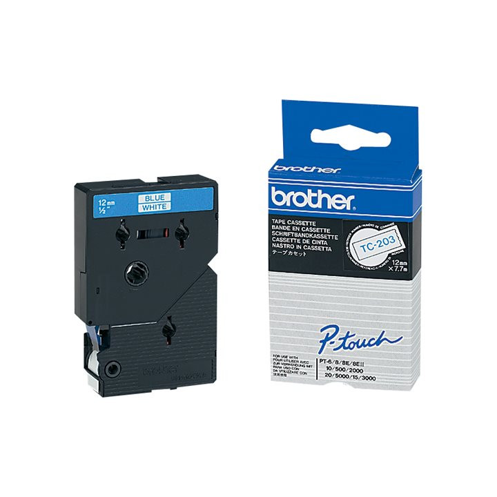 Лента за етикетна печатаща машина Brother P-Touch TC-203, 12mm x 7.7m, сини букви на бял фон - TC203 - 1