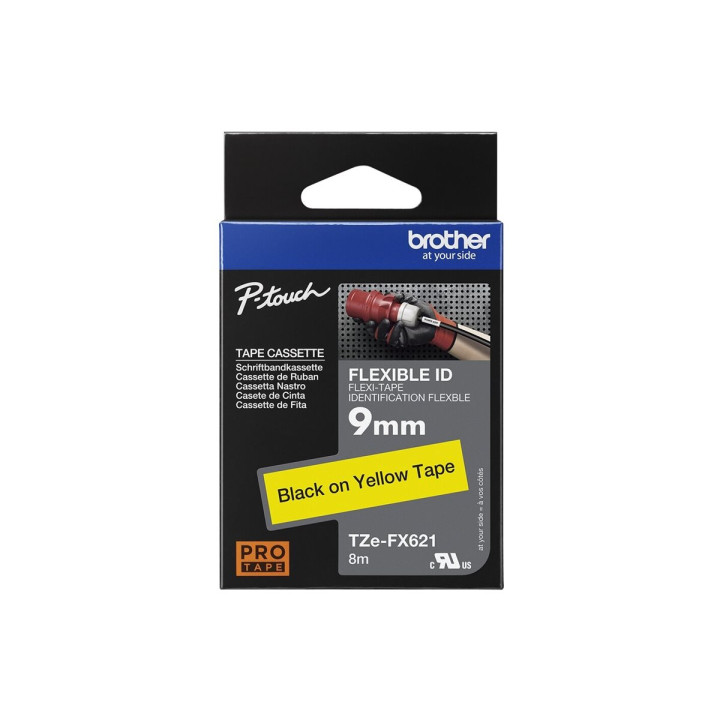 Лента Brother P-Touch TZE-FX621, 9mm x 8m, черен текст на жълт фон, гъвкава - TZEFX621 - 1
