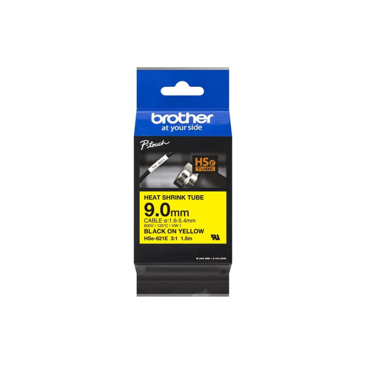 Термосвиваем етикет Brother HSE, 9mm x 1.5m, черен върху жълт - HSE621E - 5