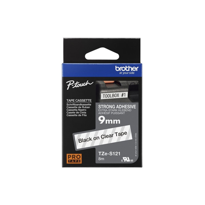 Лента за етикетни принтери Brother TZe-S, 9mm x 8m, черно върху прозрачно,Extra Strength Adhesive - TZES121 - 1