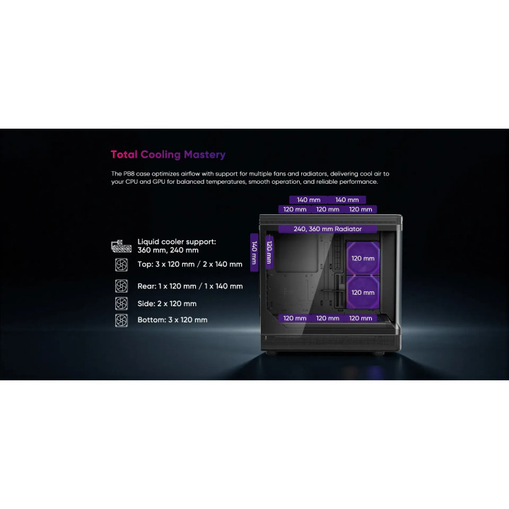 Кутия за компютър 1stPlayer PB8, ATX Middle Tower, 3x120mm A-RGB вентилатори, USB-C, Tempered Glass - PB8-BK-2FH7R-1FH7 - 8