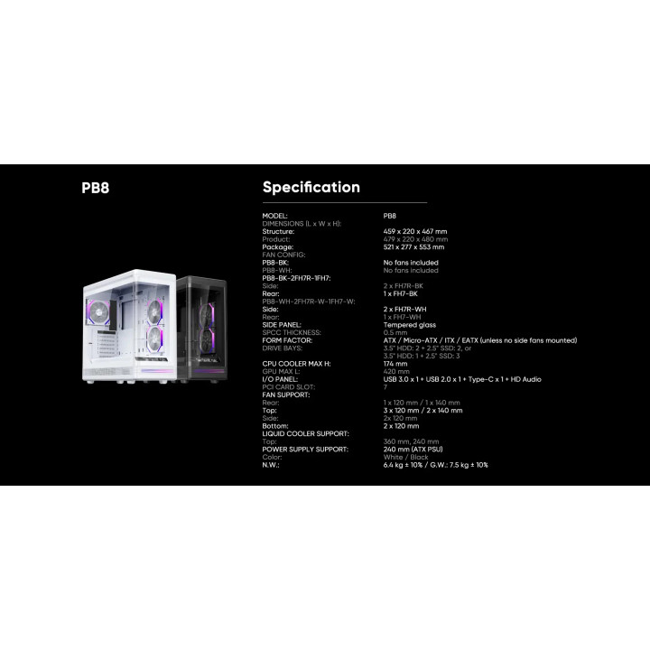 Кутия за компютър 1stPlayer PB8, ATX Middle Tower, 3x120mm A-RGB вентилатори, USB-C, Tempered Glass - PB8-BK-2FH7R-1FH7 - 16