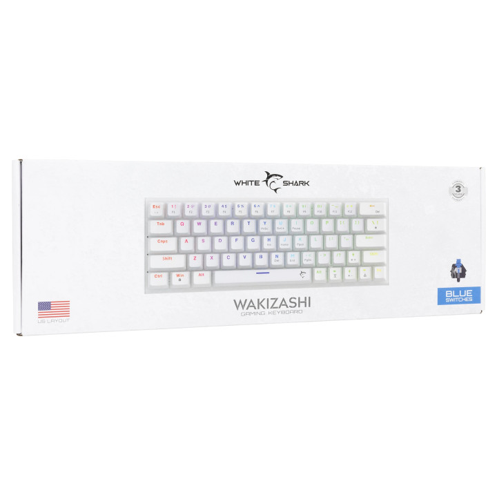 Механична геймърска клавиатура White Shark WAKIZASHI 2, 60%, Blue Switches, RGB подсветка, Бяла - WAKIZASHI-2-US-W-BLUE.SW - 7