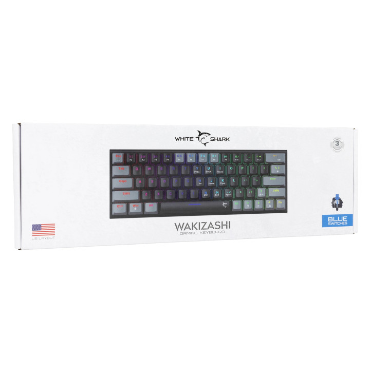 Механична геймърска клавиатура White Shark Wakizashi 2, 60%, Blue Switches, RGB подсветка, US Layout - WAKIZASHI-2-US-B-G-BLUE.S