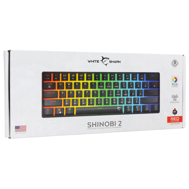 Геймърска механична клавиатура White Shark SHINOBI 2, 60%, YUSYA 5P Red Switches, RGB, Hot Swap - SHINOBI-2-B-US-RED.SW - 12