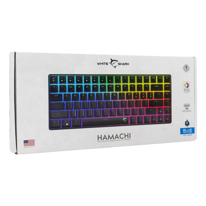 Геймърска механична клавиатура White Shark HAMACHI, 75%, YUSYA Blue Switches, Hot-swap, RGB подсветка, 84 клавиша - HAMACHI-B-US