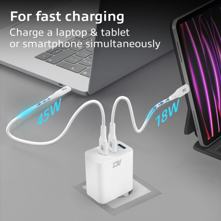 Зарядно ACT AC2170, 3 порта USB-C/USB-A, 65W, Power Delivery PPS, GaNFast, QuickCharge - 2
