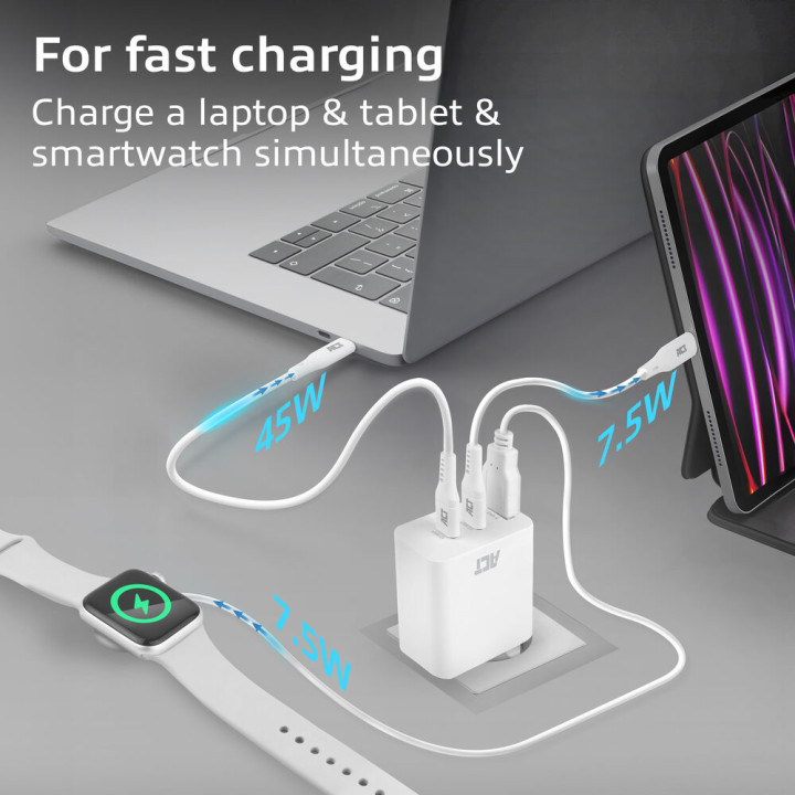 Зарядно ACT AC2170, 3 порта USB-C/USB-A, 65W, Power Delivery PPS, GaNFast, QuickCharge - 3