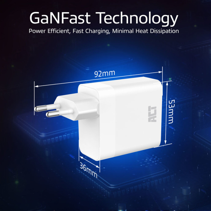Зарядно ACT AC2170, 3 порта USB-C/USB-A, 65W, Power Delivery PPS, GaNFast, QuickCharge - 4