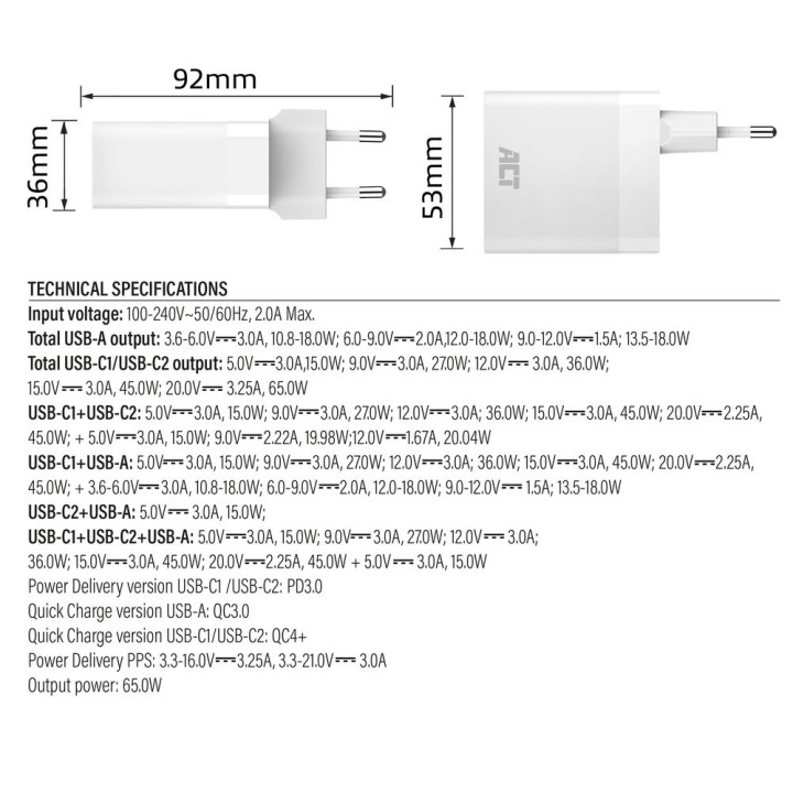 Зарядно ACT AC2170, 3 порта USB-C/USB-A, 65W, Power Delivery PPS, GaNFast, QuickCharge - 5