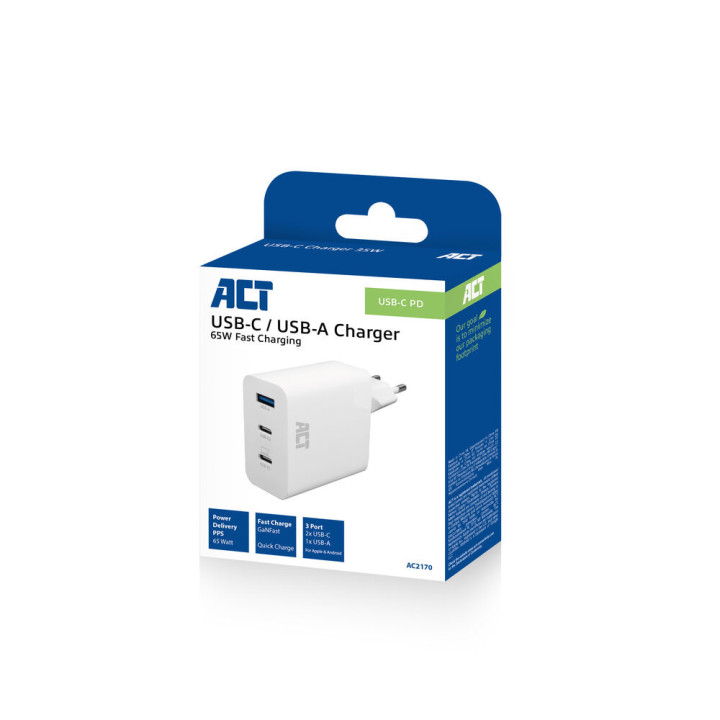 Зарядно ACT AC2170, 3 порта USB-C/USB-A, 65W, Power Delivery PPS, GaNFast, QuickCharge - 6