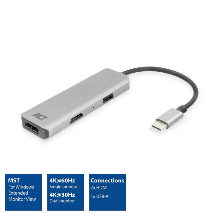 USB-C докинг станция ACT AC7013, 2x HDMI + 1x USB-A, 4K MST, 12 см - 2