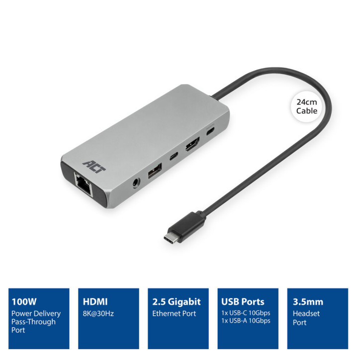 Докинг станция ACT AC7095, USB-C към HDMI, 4K/8K 30Hz, 2.5G LAN, USB-C/A - 3