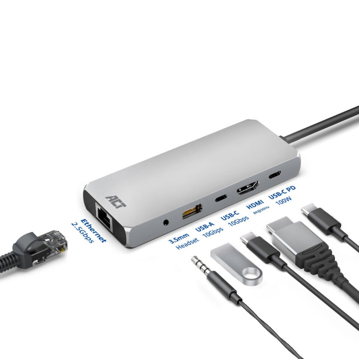 Докинг станция ACT AC7095, USB-C към HDMI, 4K/8K 30Hz, 2.5G LAN, USB-C/A - 4