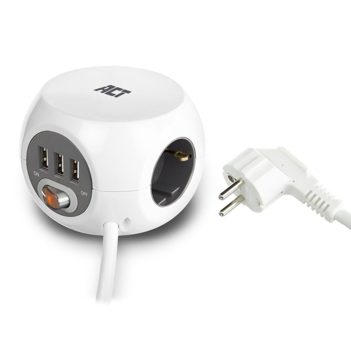 Разклонител ACT куб, 3 гнезда, 3x USB-A, 3.0м, бял - AC2410 - 6