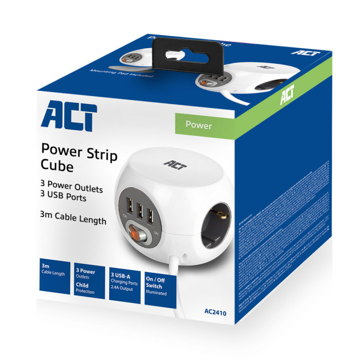 Разклонител ACT куб, 3 гнезда, 3x USB-A, 3.0м, бял - AC2410 - 8