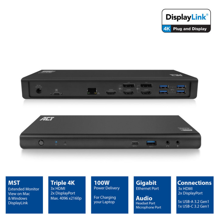 Докинг станция ACT AC7048, USB-C, 4K, 2-3 HDMI/DisplayPort монитора, DisplayLink - 2