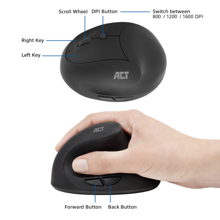 Безжична ергономична вертикална мишка ACT AC5101, 1600 DPI, USB-A наноприемник - 4