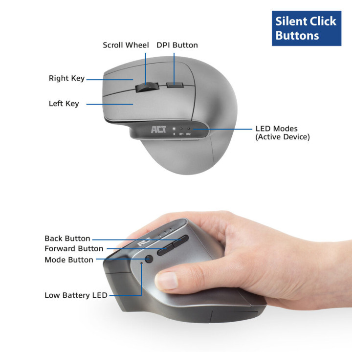 Безжична ергономична мишка ACT AC5155 с Bluetooth и USB-C/USB-A приемник - 3