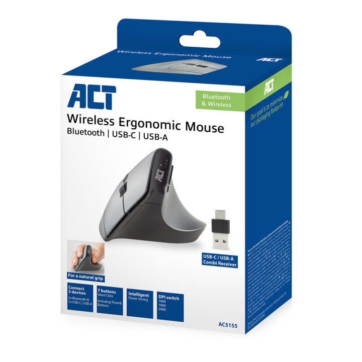 Безжична ергономична мишка ACT AC5155 с Bluetooth и USB-C/USB-A приемник - 7