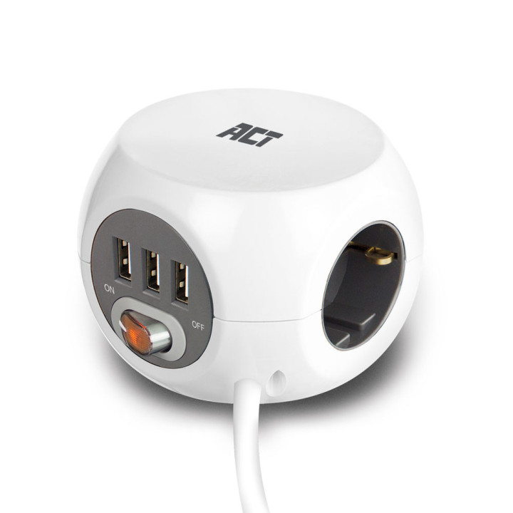 Разклонител ACT AC2405, куб с 3 гнезда, 3x USB-A, бял, 1.5м - 1