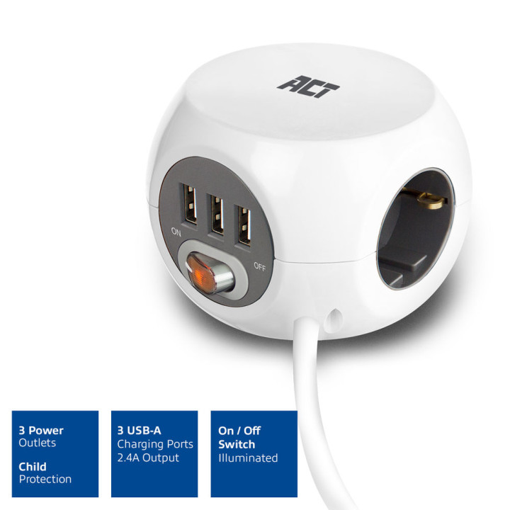 Разклонител ACT AC2405, куб с 3 гнезда, 3x USB-A, бял, 1.5м - 2