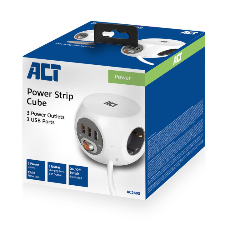 Разклонител ACT AC2405, куб с 3 гнезда, 3x USB-A, бял, 1.5м - 5