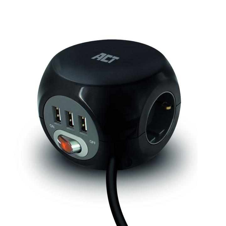 Разклонител ACT AC2400, 3 контакта, 3x USB-A, ключ, 1.5м - 1