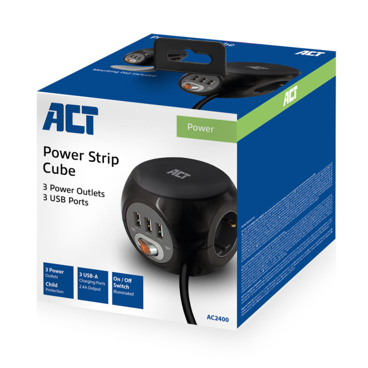 Разклонител ACT AC2400, 3 контакта, 3x USB-A, ключ, 1.5м - 3