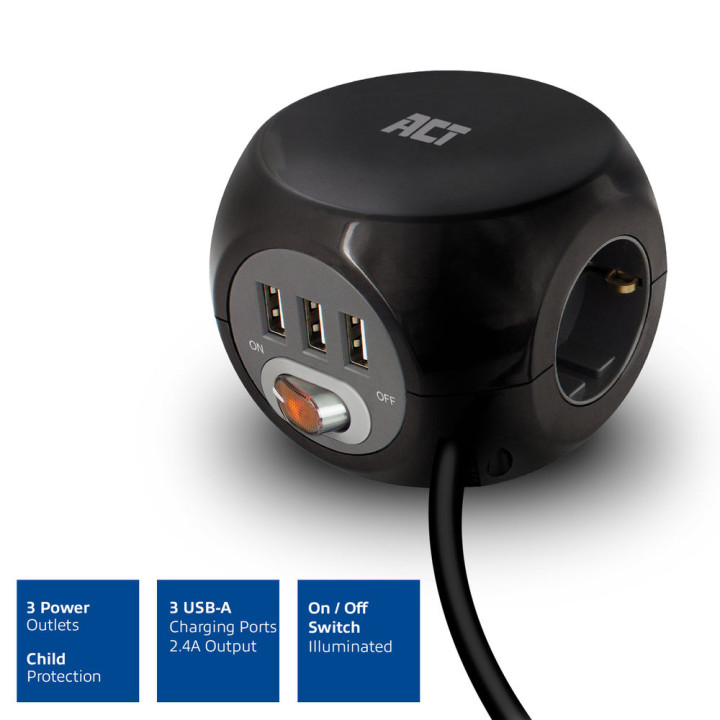Разклонител ACT AC2400, 3 контакта, 3x USB-A, ключ, 1.5м - 6