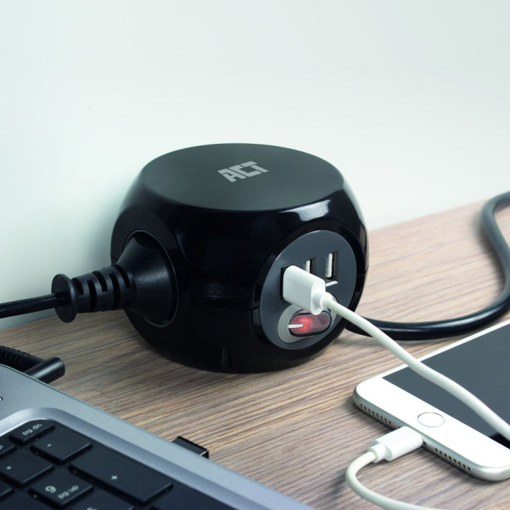 Разклонител ACT AC2400, 3 контакта, 3x USB-A, ключ, 1.5м - 7