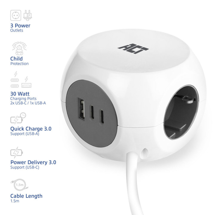 Разклонител ACT AC2420, куб 3 гнезда, USB-C/A портове, 30W Power Delivery, кабел 1.5м - 2