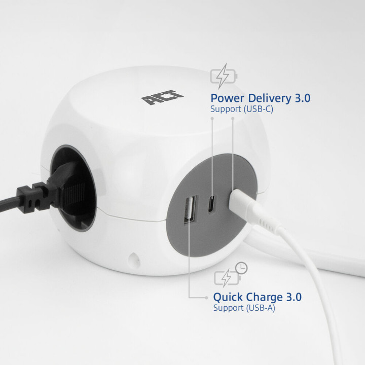 Разклонител ACT AC2420, куб 3 гнезда, USB-C/A портове, 30W Power Delivery, кабел 1.5м - 3