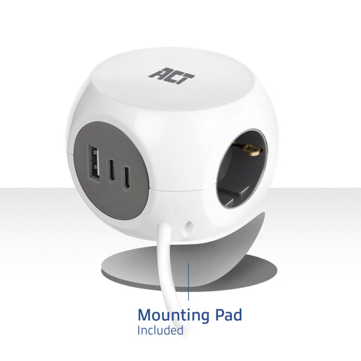 Разклонител ACT AC2420, куб 3 гнезда, USB-C/A портове, 30W Power Delivery, кабел 1.5м - 4