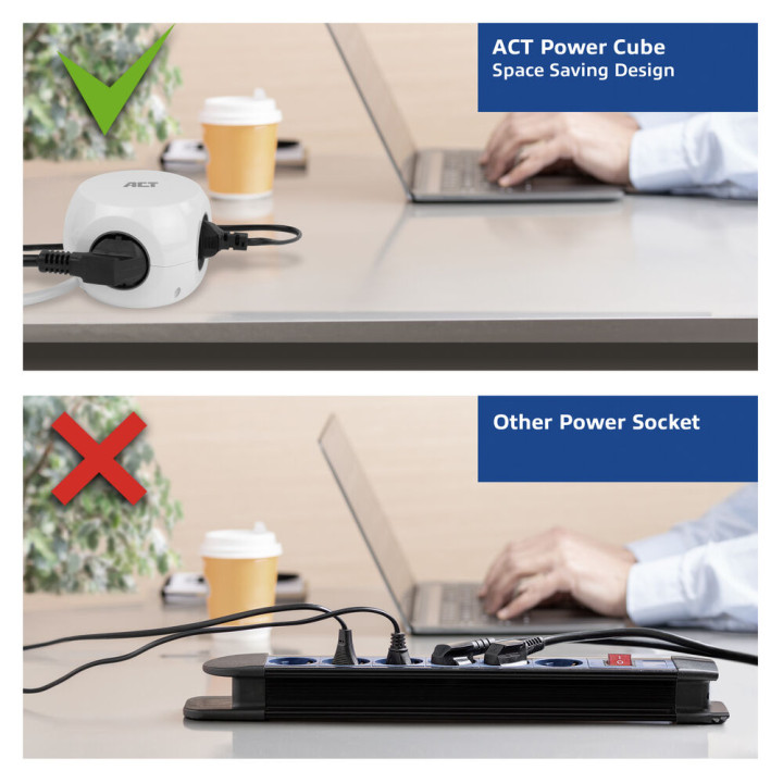Разклонител ACT AC2420, куб 3 гнезда, USB-C/A портове, 30W Power Delivery, кабел 1.5м - 5
