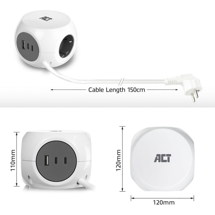 Разклонител ACT AC2420, куб 3 гнезда, USB-C/A портове, 30W Power Delivery, кабел 1.5м - 6