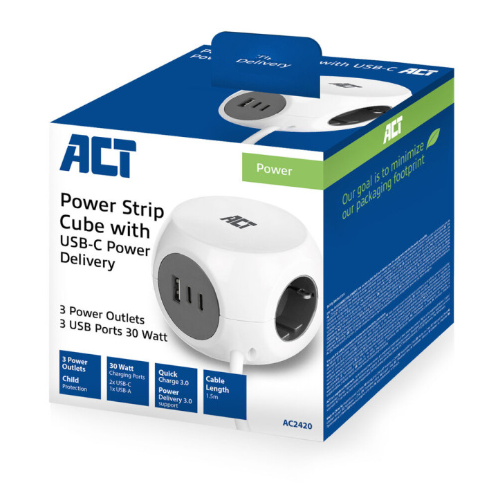 Разклонител ACT AC2420, куб 3 гнезда, USB-C/A портове, 30W Power Delivery, кабел 1.5м - 7