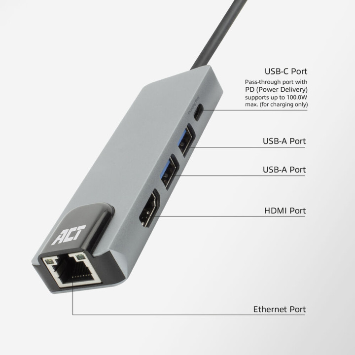 USB-C докинг станция ACT AC7091, HDMI 4K@60Hz, Gigabit Ethernet, 2x USB-A, USB-C PD 100W - 4