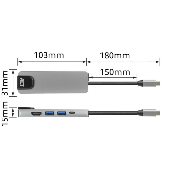 USB-C докинг станция ACT AC7091, HDMI 4K@60Hz, Gigabit Ethernet, 2x USB-A, USB-C PD 100W - 8
